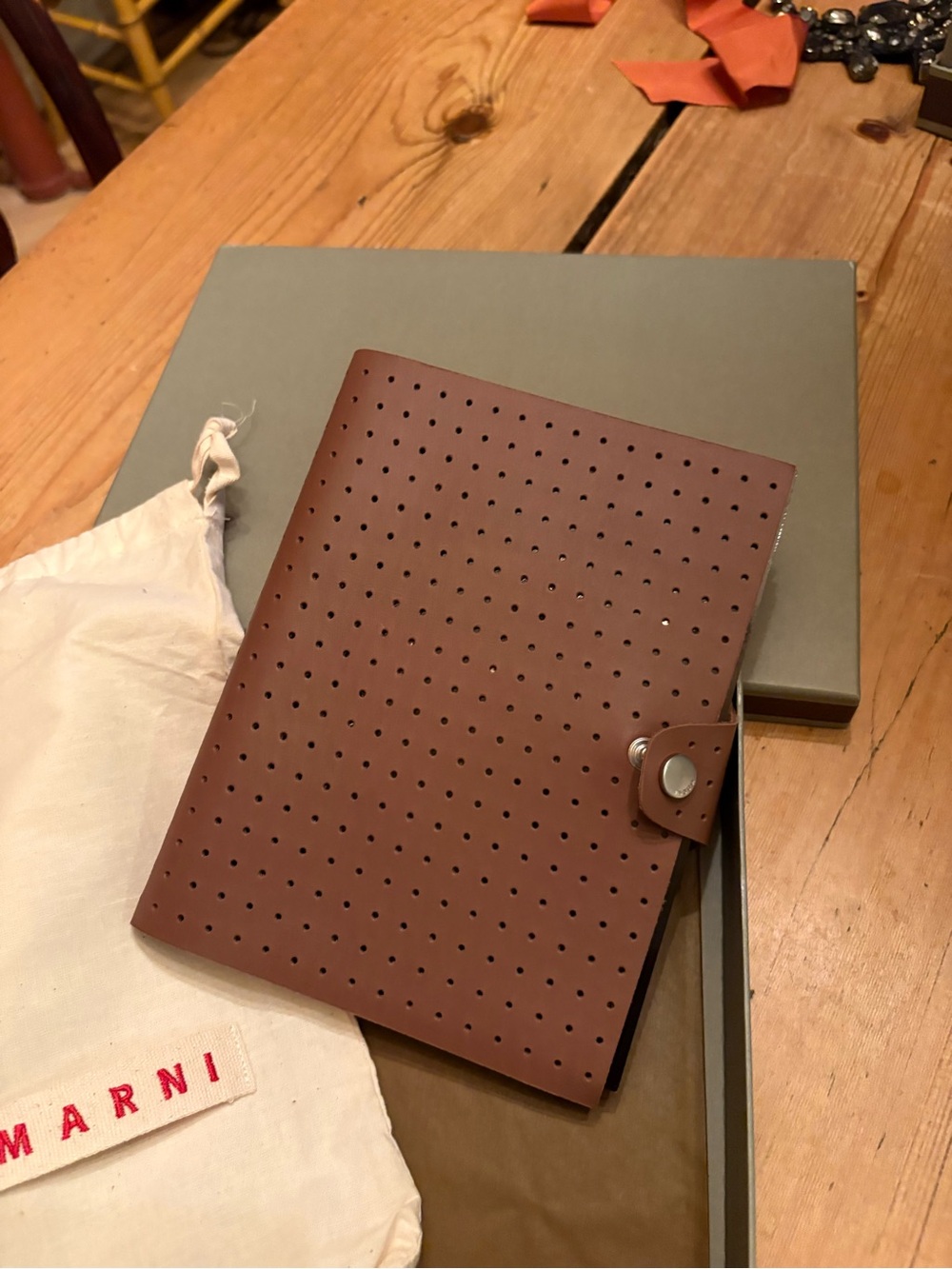 Marni Brown Perforated Leather Notebook Cover with Snap